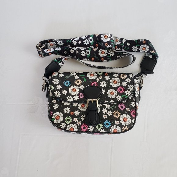 Wide adjustable length strap,  Colorful floral, Vegan Leather Crossbody Shoulder - Picture 1 of 11